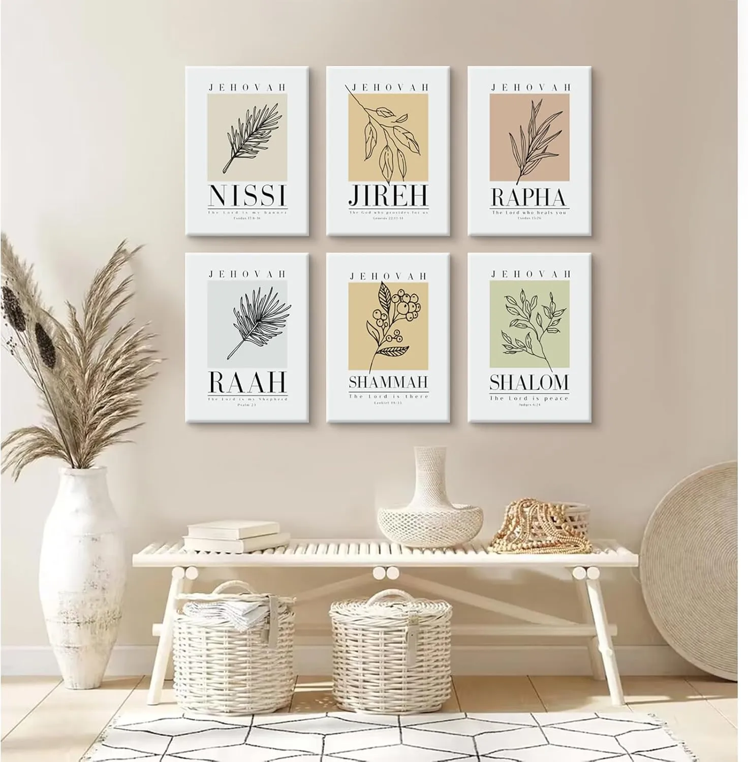Bible Wall Art Print Set of 6 Christian Scripture Wall Art Decor Jehovah Jireh Rapha Shalom Shammah Nissi Raah Wall Art Bible Verse Poster Modern Minimalist for Bedroom Home 12x16 Inch Wrapped Canvas