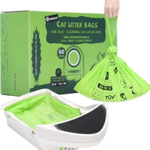 Biodegradable Cat Litter Liner Bags Compatible with LR 3, 4 and Most Self-Cleaning Litter Boxes, 60 Count Kitty Automatic Waste Drawer Liners, Drawstring Pet Compostable Replacement Poop Bags