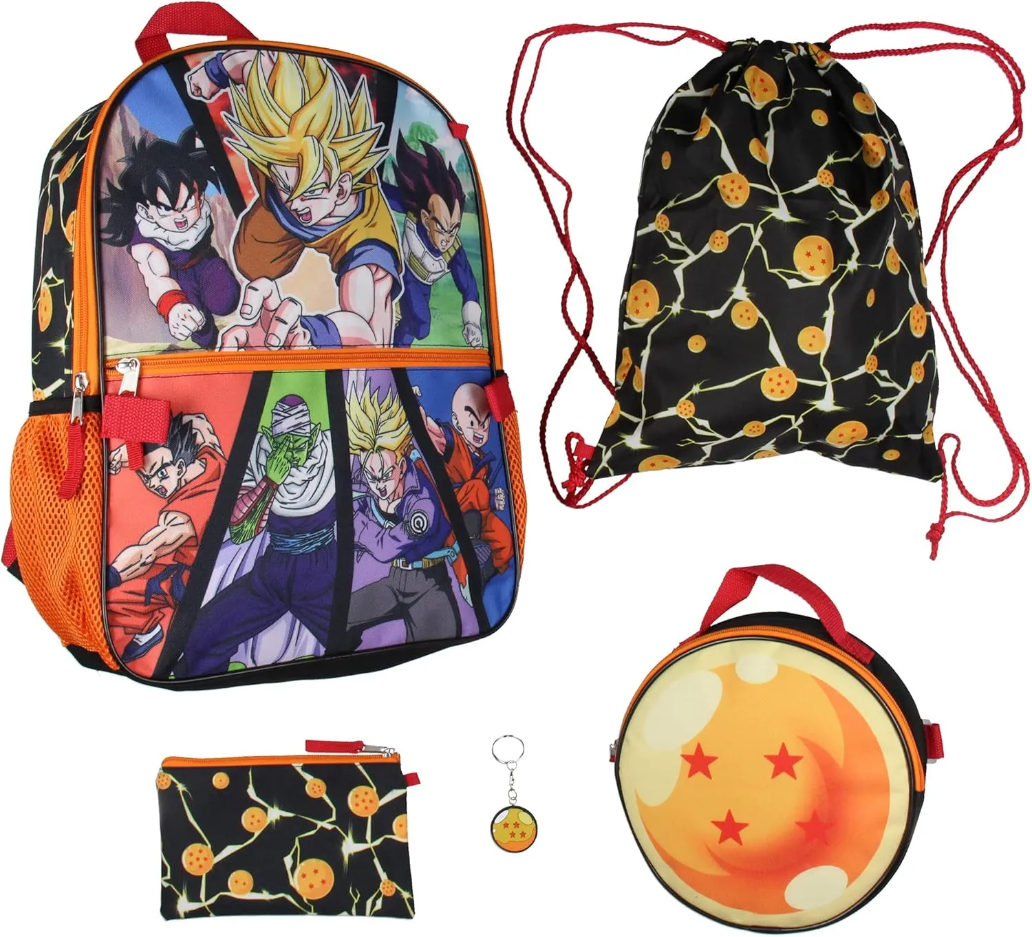 Bioworld Dragon Ball Z Backpack Lunch Box Drawstring Bag Keychain Pencil Case 5 Pc Set