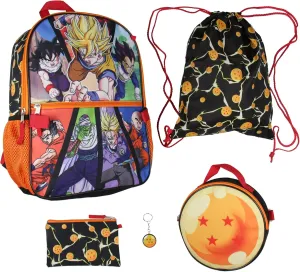 Bioworld Dragon Ball Z Backpack Lunch Box Drawstring Bag Keychain Pencil Case 5 Pc Set