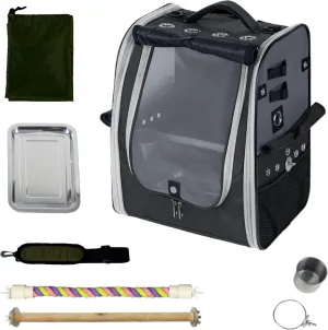Bird Carrier Backpack-Parrot Travel Cage with 2PCS Perch and Food Bowl, Stainless Steel Tray (Charcoal Gray, Small to Medium Birds)