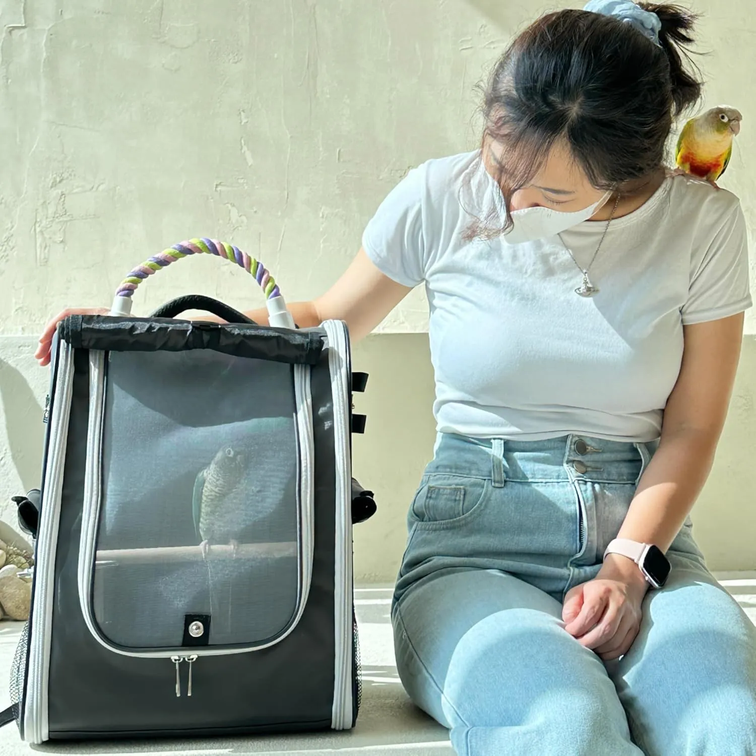 Bird Carrier Backpack-Parrot Travel Cage with 2PCS Perch and Food Bowl, Stainless Steel Tray (Charcoal Gray, Small to Medium Birds)