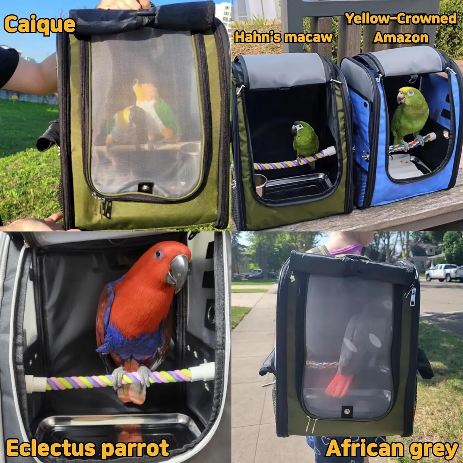 Bird Carrier Backpack-Parrot Travel Cage with 2PCS Perch and Food Bowl, Stainless Steel Tray (Charcoal Gray, Small to Medium Birds)