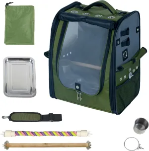 Bird Carrier Backpack-Parrot Travel Cage with 2PCS Perch and Food Bowl, Stainless Steel Tray (Dark Olive Green, Small to Medium Birds)