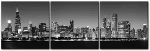 Black & White Chicago Landscape Canvas Print Modern Wall Art Picture For Home Decor Bathroom Living Room Bedroom Skyline Night Buildings Cityscape Coastline Framed Artwork (12"x12",Set of 3)