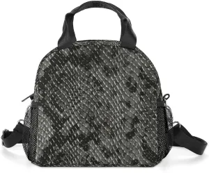 Black and Grey Snake Skin Pattern Portable Lunch Box Crossbody Bag Tote Insulated with Adjustable Strap Work Beach Picnic
