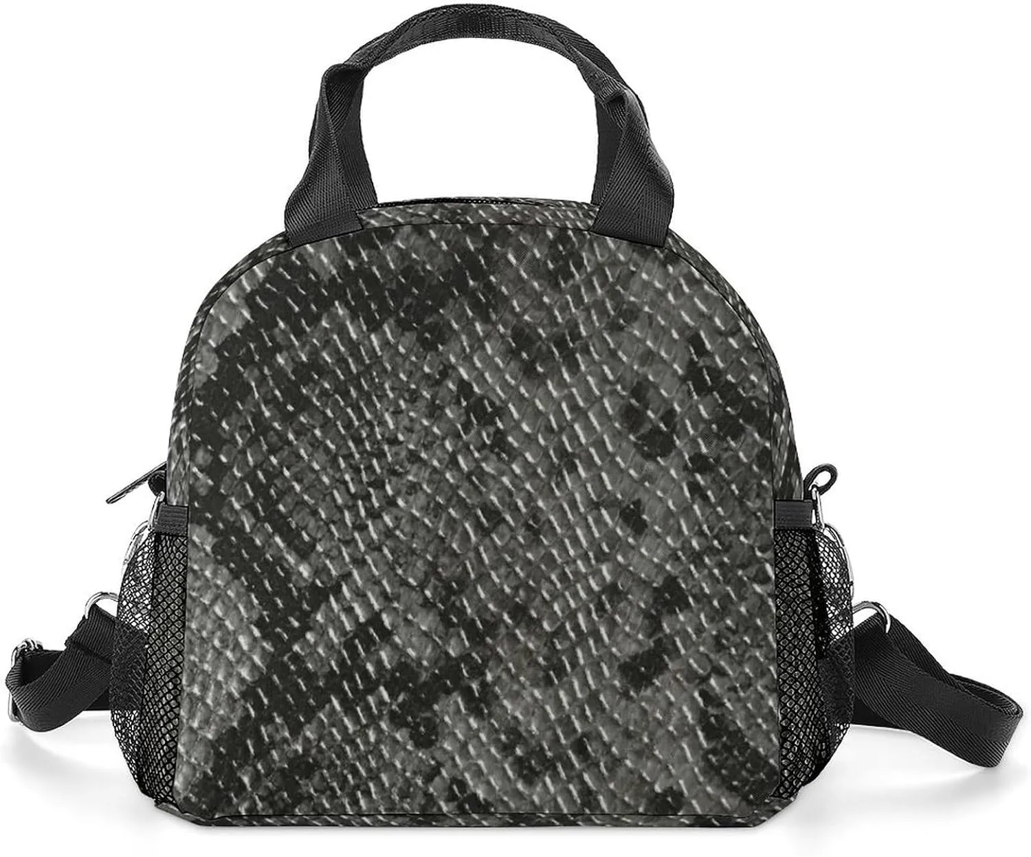 Black and Grey Snake Skin Pattern Portable Lunch Box Crossbody Bag Tote Insulated with Adjustable Strap Work Beach Picnic