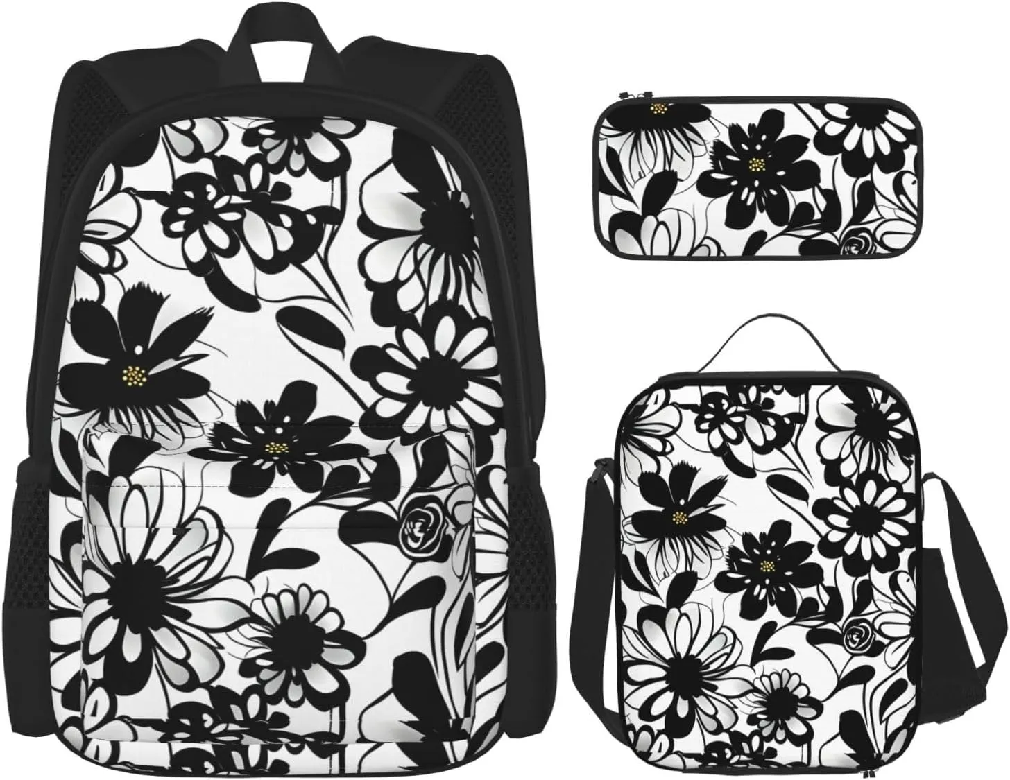Black And White Flowers Print Versatile Adjustable Shoulder Fashion Backpack Lunch Bag Pencil Case Large Capacity