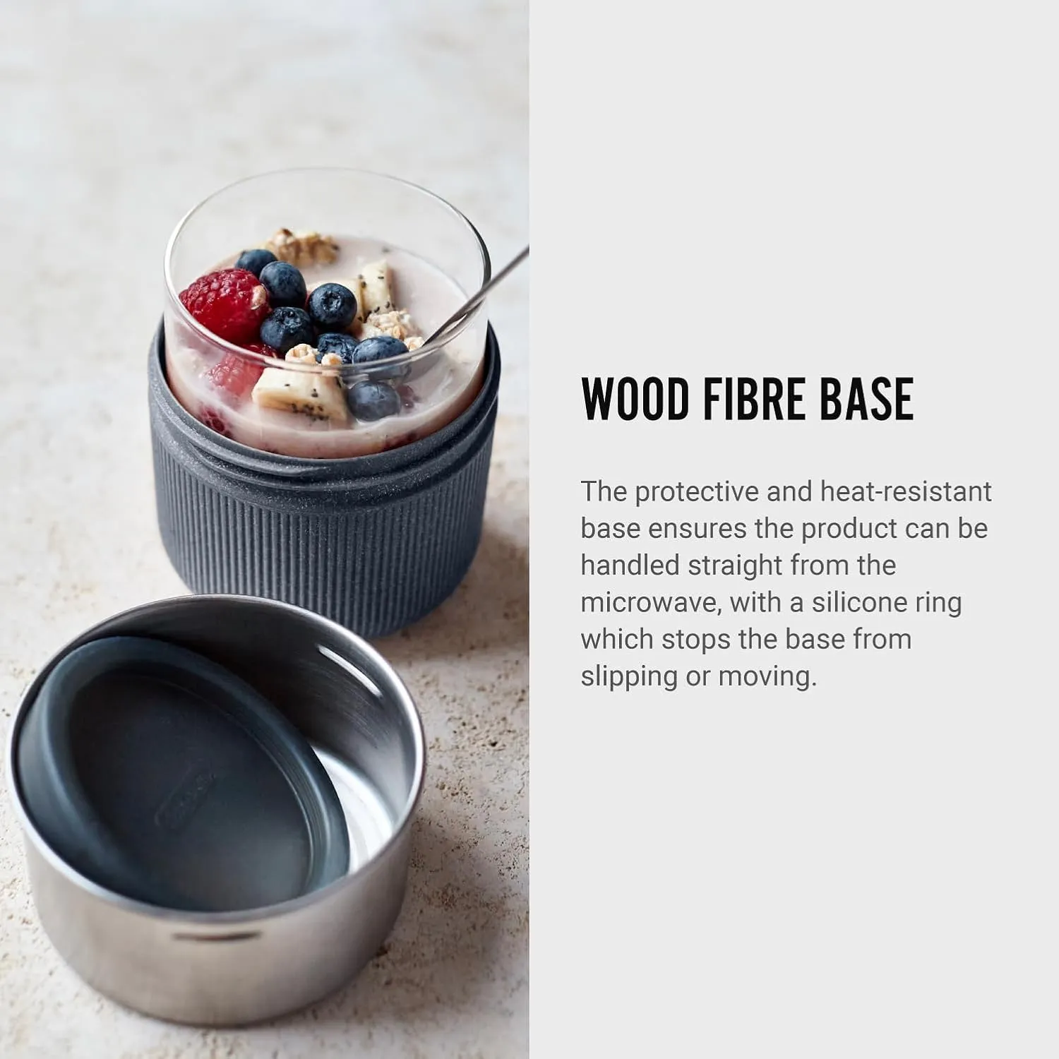 BLACK   BLUM GR-LB-S015 Glass Bowl | Leakproof Meal Prep Lunch Box Food Container, Stainless Steel, Polypropylene with Wood Fibre and Silicone, 450 milliliters, Slate