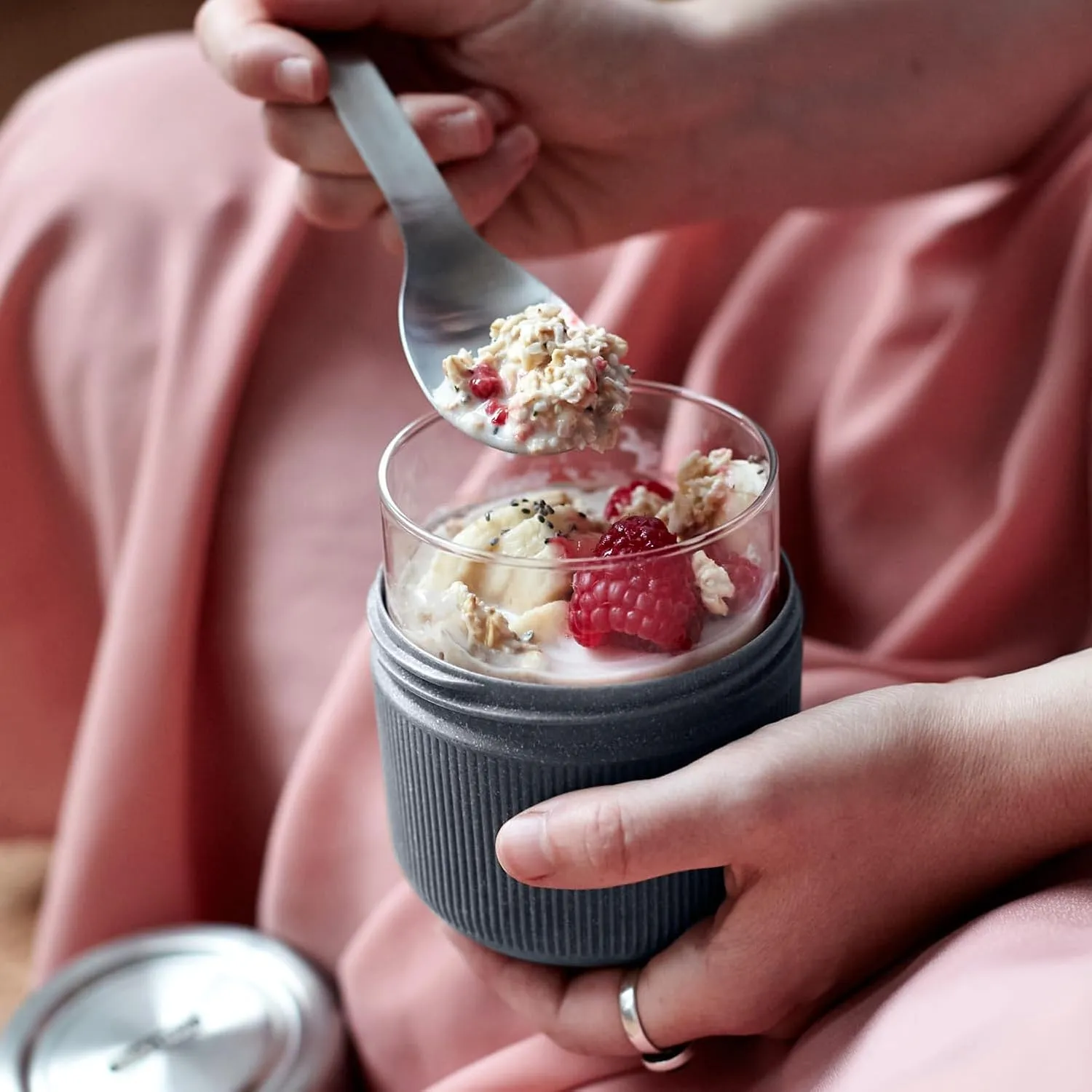 BLACK   BLUM GR-LB-S015 Glass Bowl | Leakproof Meal Prep Lunch Box Food Container, Stainless Steel, Polypropylene with Wood Fibre and Silicone, 450 milliliters, Slate