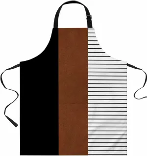 Black Brown Waterproof Apron With Pockets, Boho White Geometric Stripes Bohemia Modern Kitchen Chefs Bib Cooking BBQ Grill Bake Adjustable Aprons for Women/Kids Home Garden Grooming Painting Gardening