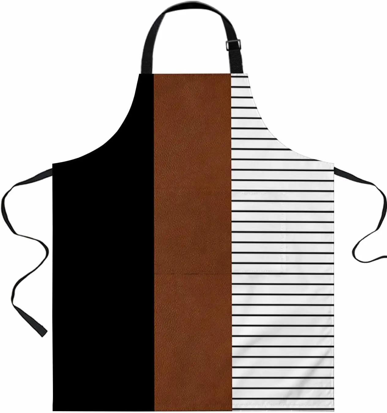 Black Brown Waterproof Apron With Pockets, Boho White Geometric Stripes Bohemia Modern Kitchen Chefs Bib Cooking BBQ Grill Bake Adjustable Aprons for Women/Kids Home Garden Grooming Painting Gardening