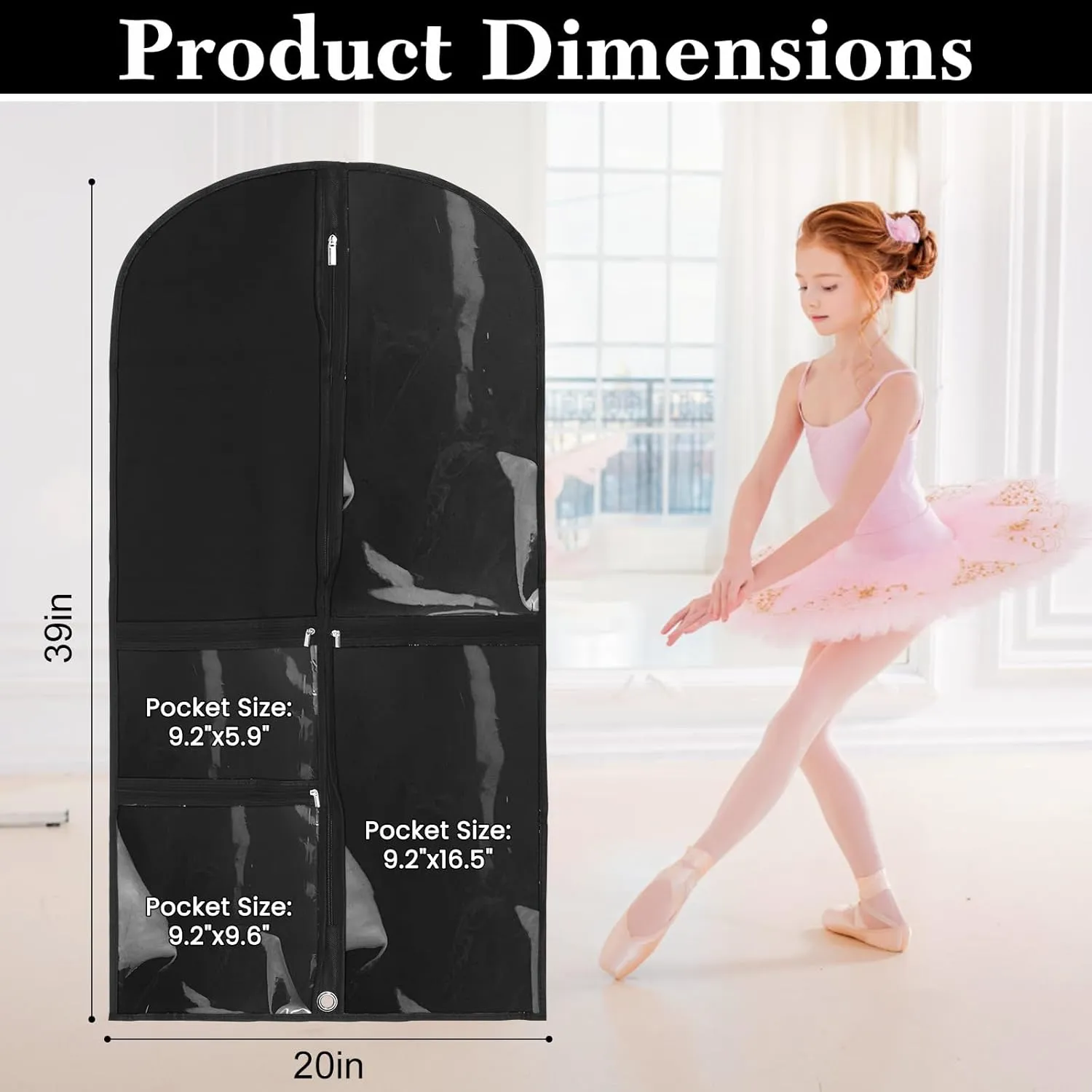 Black Dance Garment Bags for Dancers, 6pcs 20x39", Dance Costume Garment Bag for Competition Travel, Hanging Clothes, Girls Dresses, Cheer Uniform, Dust Proof with 3 Clear Zipper Pockets