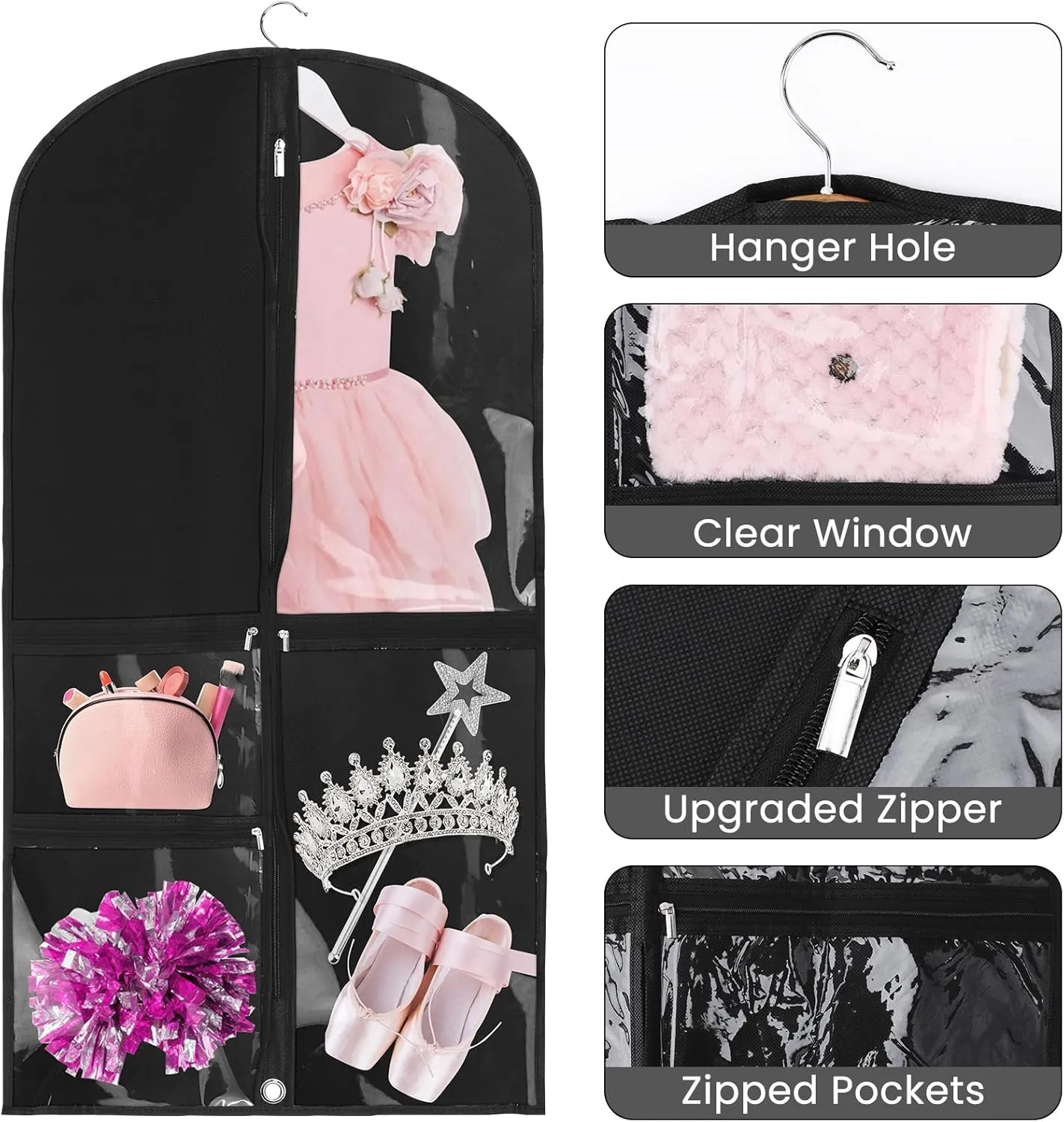 Black Dance Garment Bags for Dancers, 6pcs 20x39", Dance Costume Garment Bag for Competition Travel, Hanging Clothes, Girls Dresses, Cheer Uniform, Dust Proof with 3 Clear Zipper Pockets