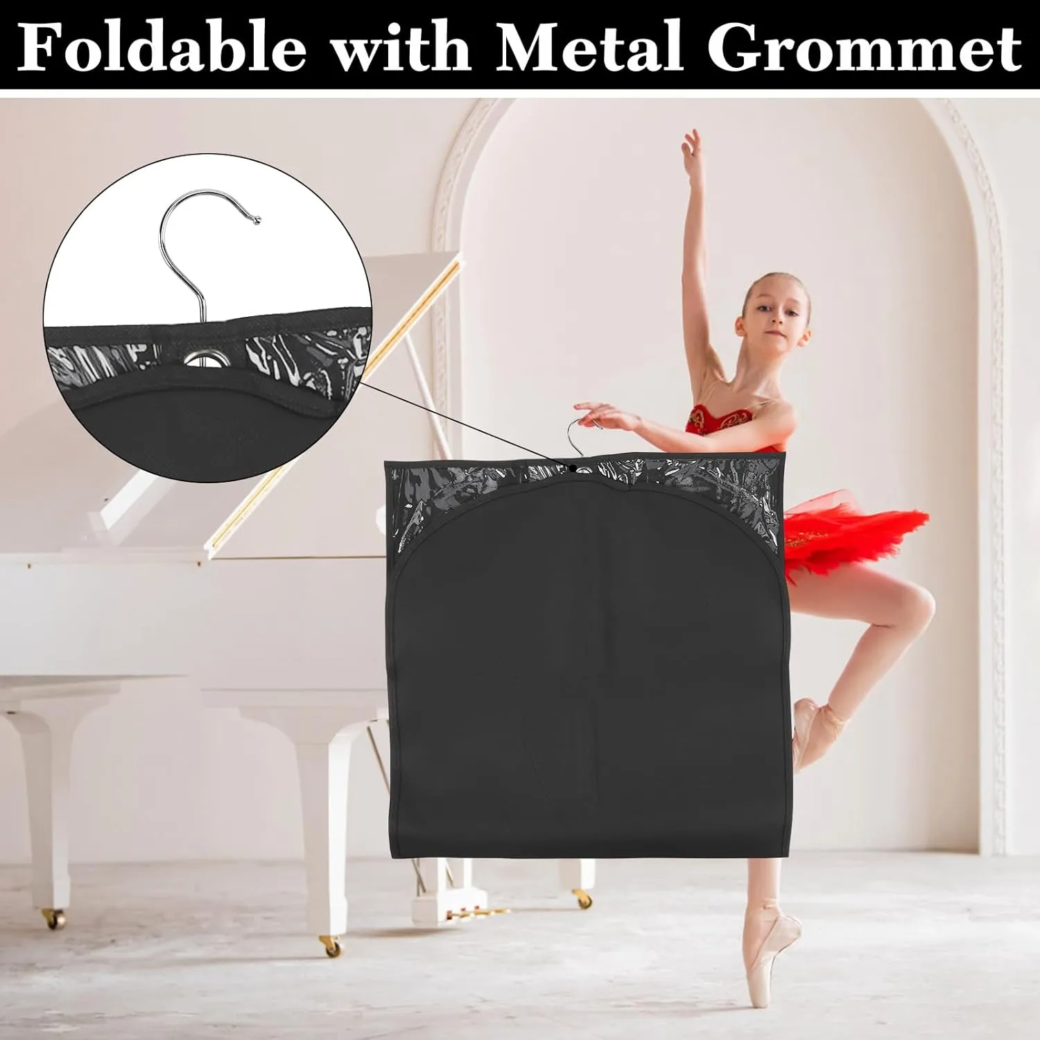Black Dance Garment Bags for Dancers, 6pcs 20x39", Dance Costume Garment Bag for Competition Travel, Hanging Clothes, Girls Dresses, Cheer Uniform, Dust Proof with 3 Clear Zipper Pockets