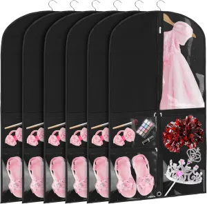 Black Dance Garment Bags for Dancers, 6pcs 20x39", Dance Costume Garment Bag for Competition Travel, Hanging Clothes, Girls Dresses, Cheer Uniform, Dust Proof with 3 Clear Zipper Pockets