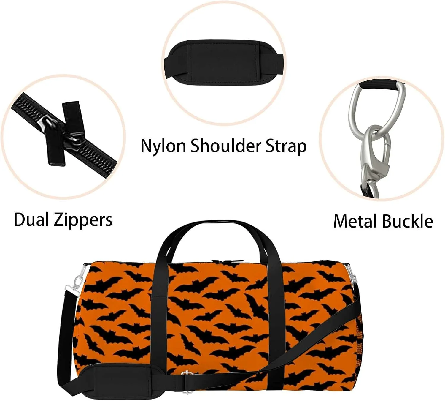 Black Flying Bats Sports Duffel Bag Travel Gym Tote Bags Lightweight Durable Shoulder Strap Waterproof Polyester Outside Mesh Pocket Overnight Trip Duffel Bag for Women Men