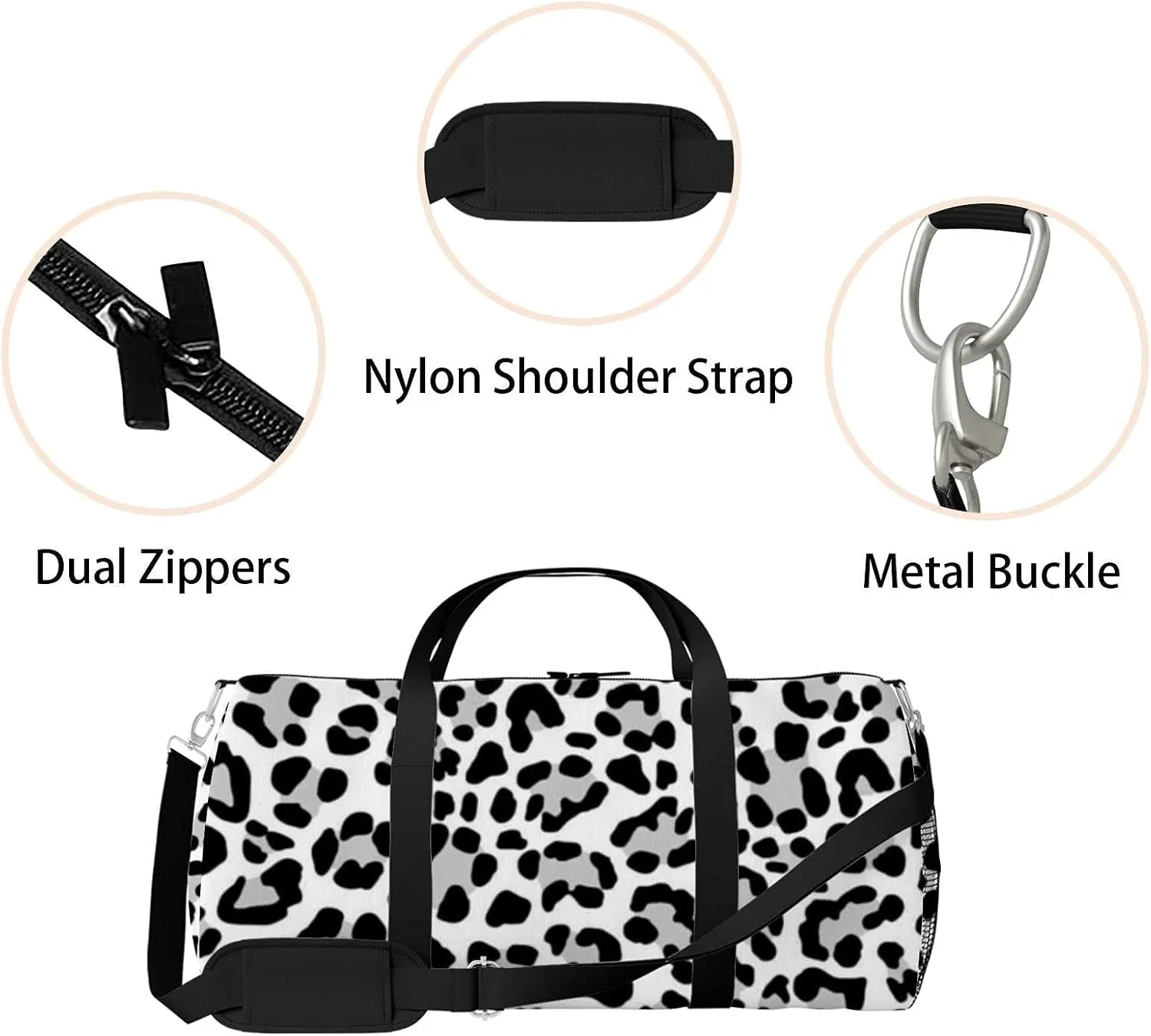 Black Gray Leopard Spots Sports Duffel Bag Travel Gym Tote Bags Lightweight Durable Shoulder Strap Waterproof Polyester Outside Mesh Pocket Overnight Trip Duffel Bag for Women Men