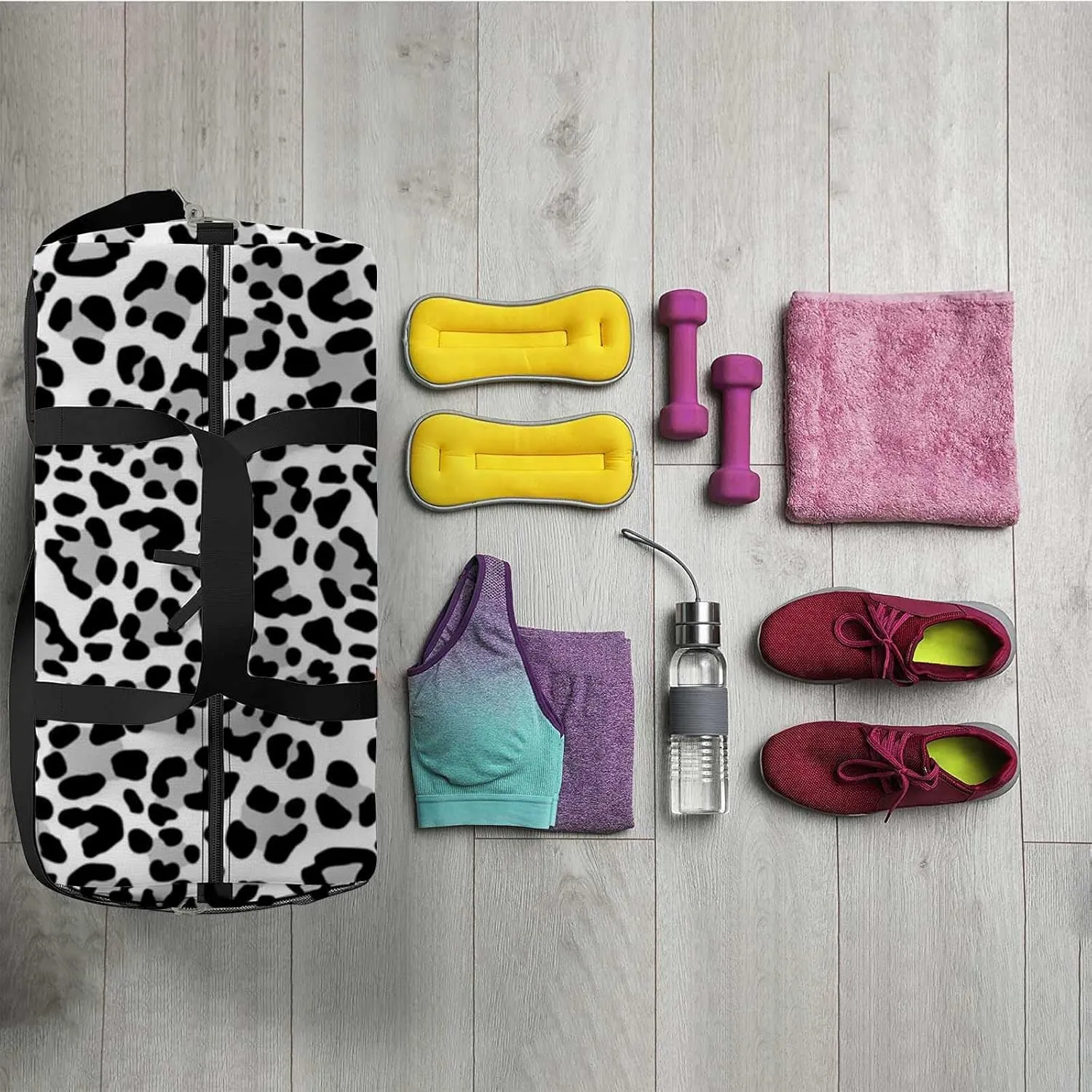 Black Gray Leopard Spots Sports Duffel Bag Travel Gym Tote Bags Lightweight Durable Shoulder Strap Waterproof Polyester Outside Mesh Pocket Overnight Trip Duffel Bag for Women Men