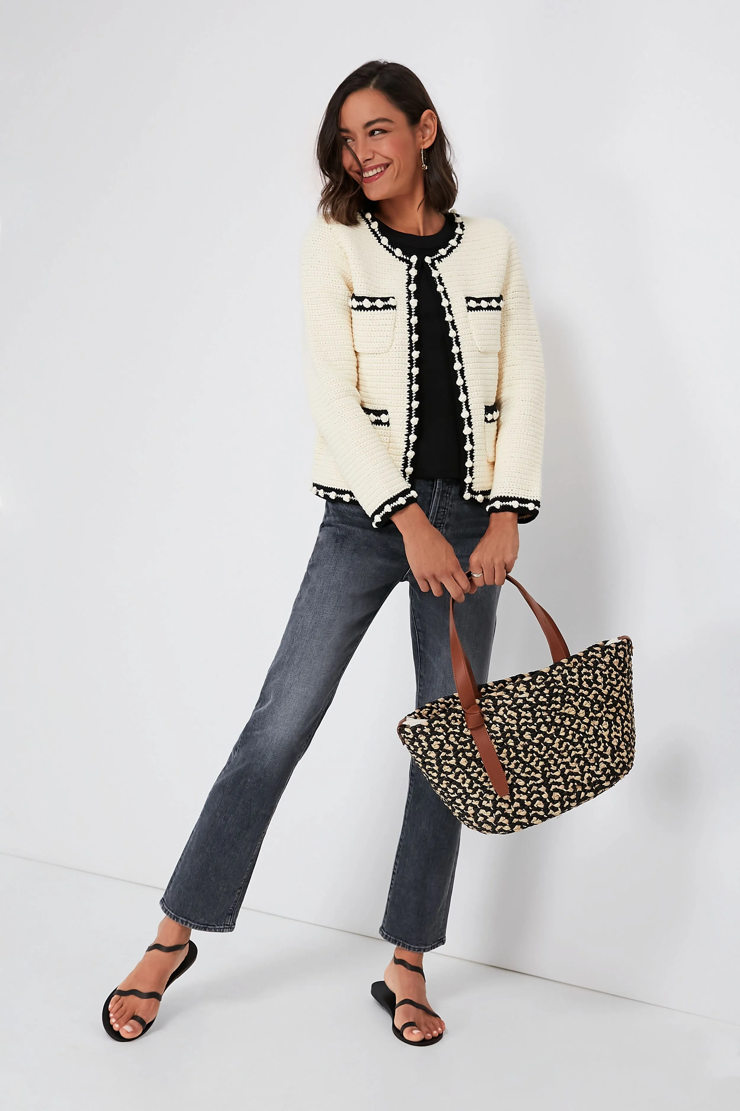 Black Melange Raffia Tote