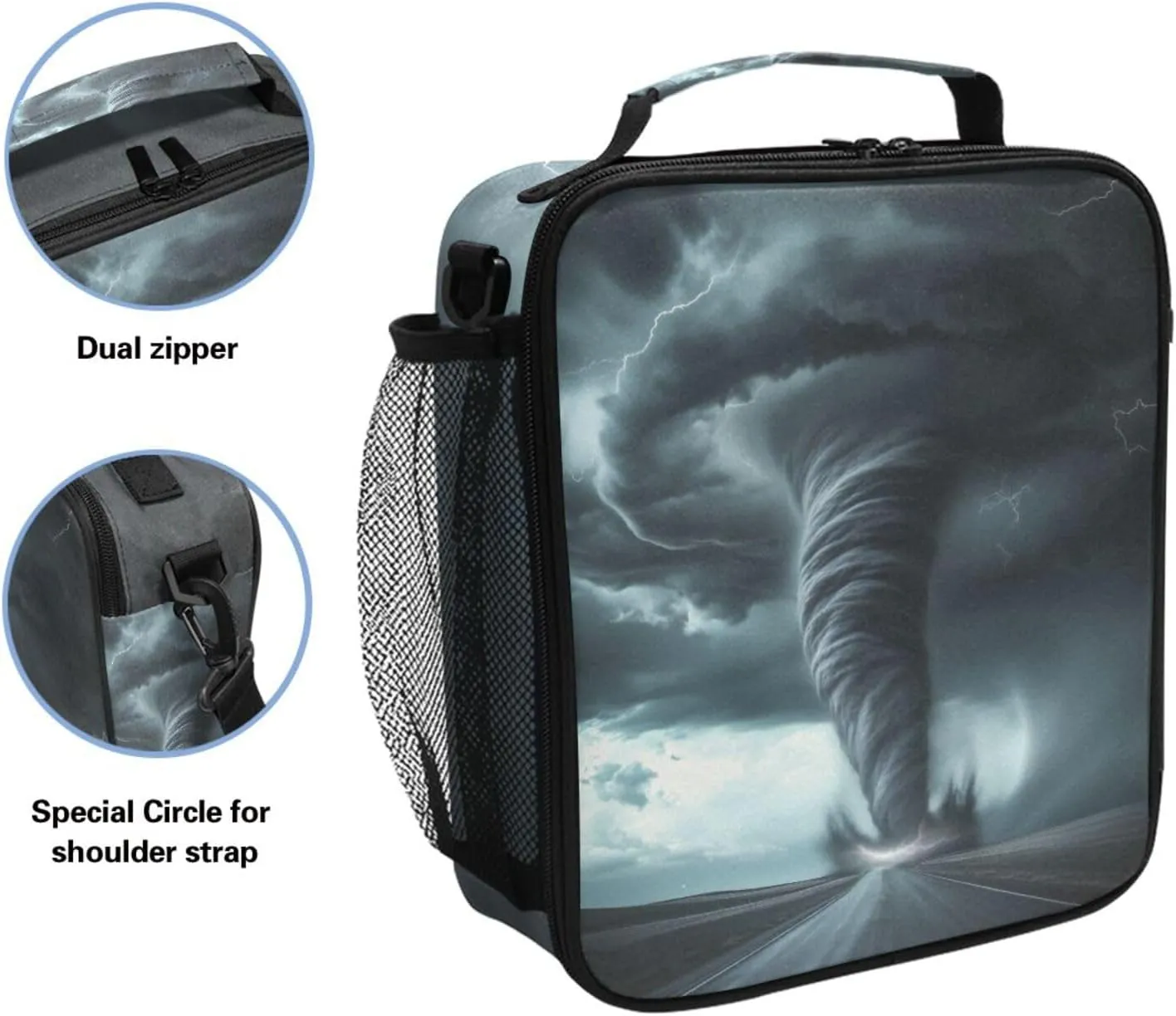 Black Tornado Lightning Road Lunch Box for Girls Boys Insulated Lunch Bag with Adjustable Shoulder Strap Kids Thermal Tote Bags Cooler School Travel Picnic