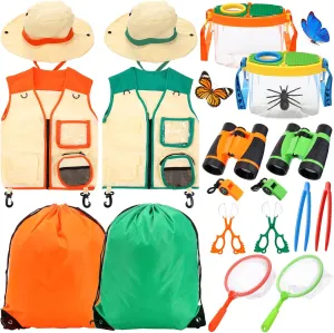 Blosssound 2 Sets Catching Kit Costume Camping Gear for Outdoor Exploration Set with Safari Vest Safari Hat, Binoculars, Outdoor Camping Adventure Set