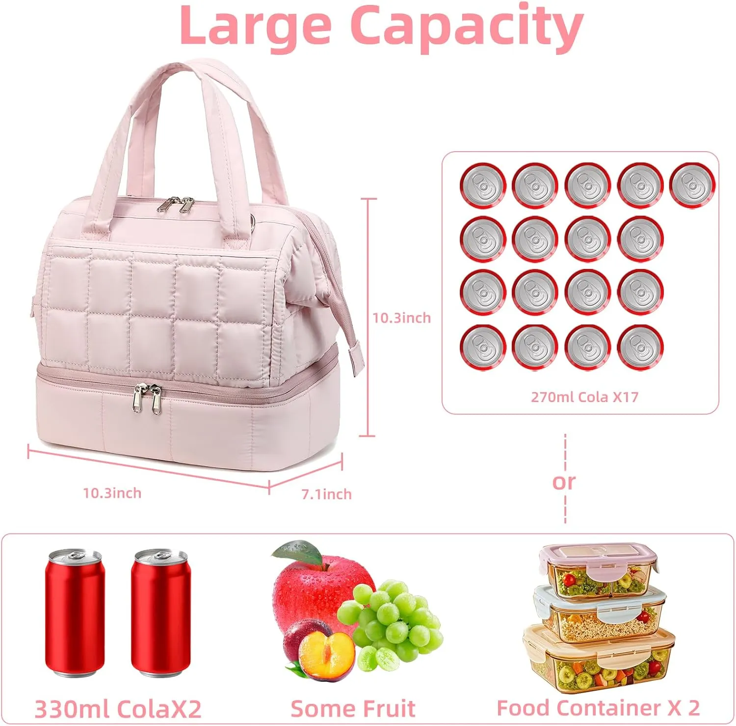 Bluboon Lunch Box for Women Insulated Lunch Bag Double Deck, Puffer Quilted Lunchbox Wide Opening Reusable Lunch Boxes Cooler for Work Picnic Travel Office with Adjustable Shoulder Strap (Pink)