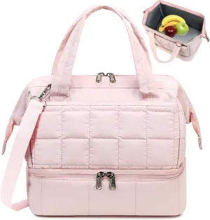 Bluboon Lunch Box for Women Insulated Lunch Bag Double Deck, Puffer Quilted Lunchbox Wide Opening Reusable Lunch Boxes Cooler for Work Picnic Travel Office with Adjustable Shoulder Strap (Pink)