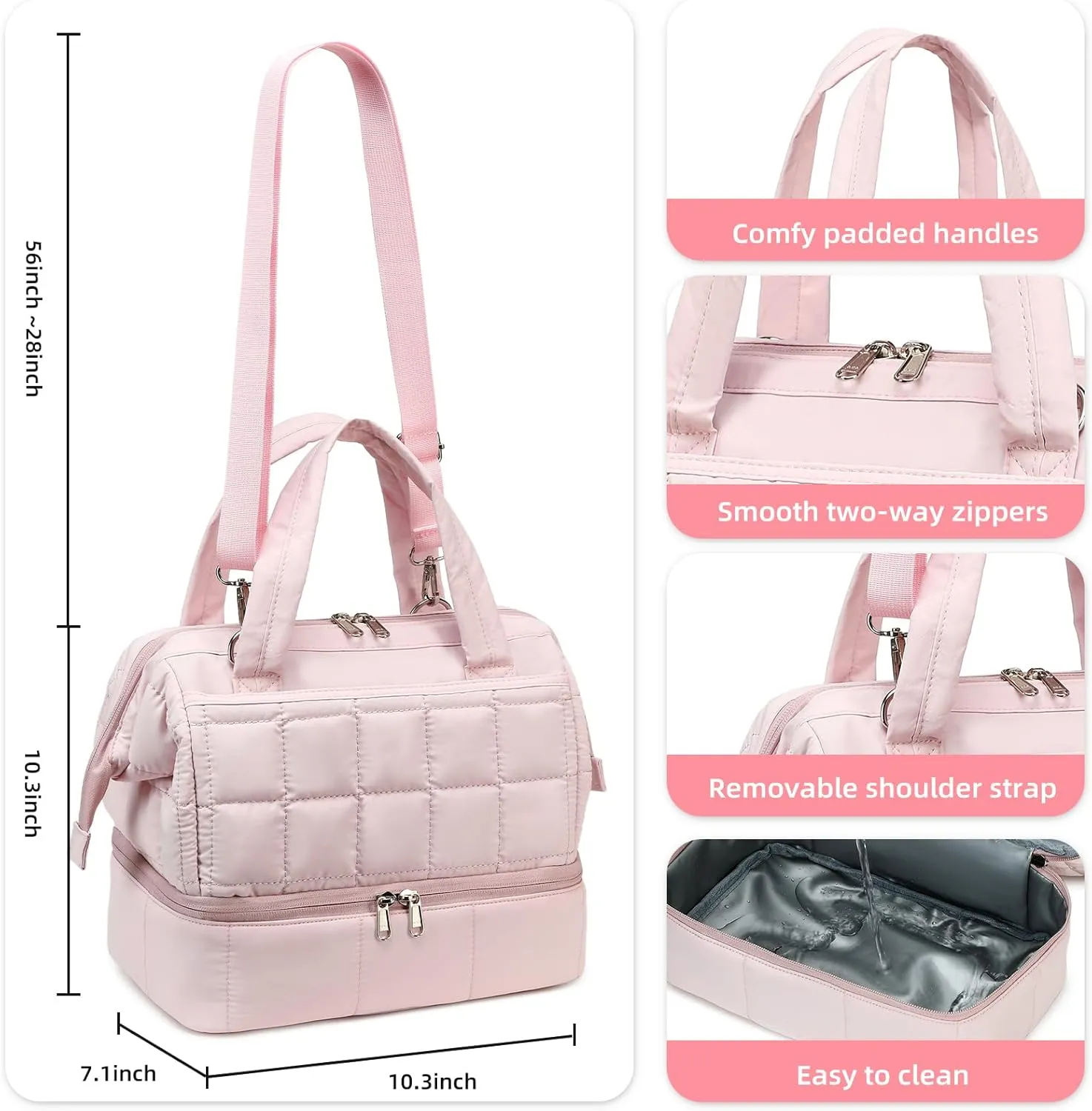 Bluboon Lunch Box for Women Insulated Lunch Bag Double Deck, Puffer Quilted Lunchbox Wide Opening Reusable Lunch Boxes Cooler for Work Picnic Travel Office with Adjustable Shoulder Strap (Pink)