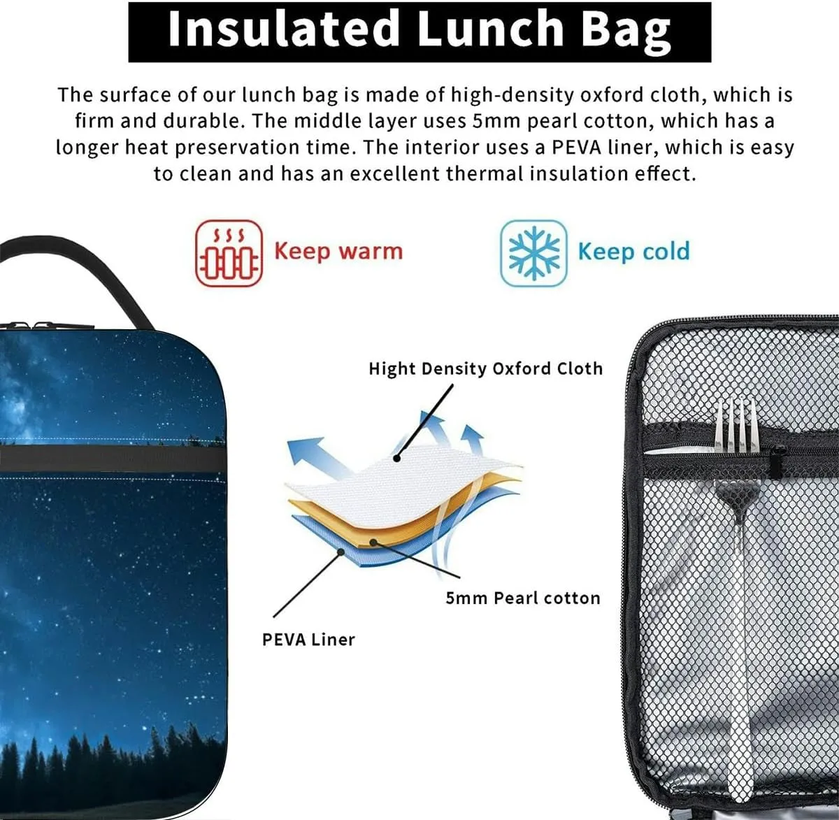 Blue dark night sky many stars above field trees Yellowstone park Insulated Iunch Bag for Men Woman Large Portable Waterproof Reusable Thermal Lunch Box with Pockets for Work Travel Picnic