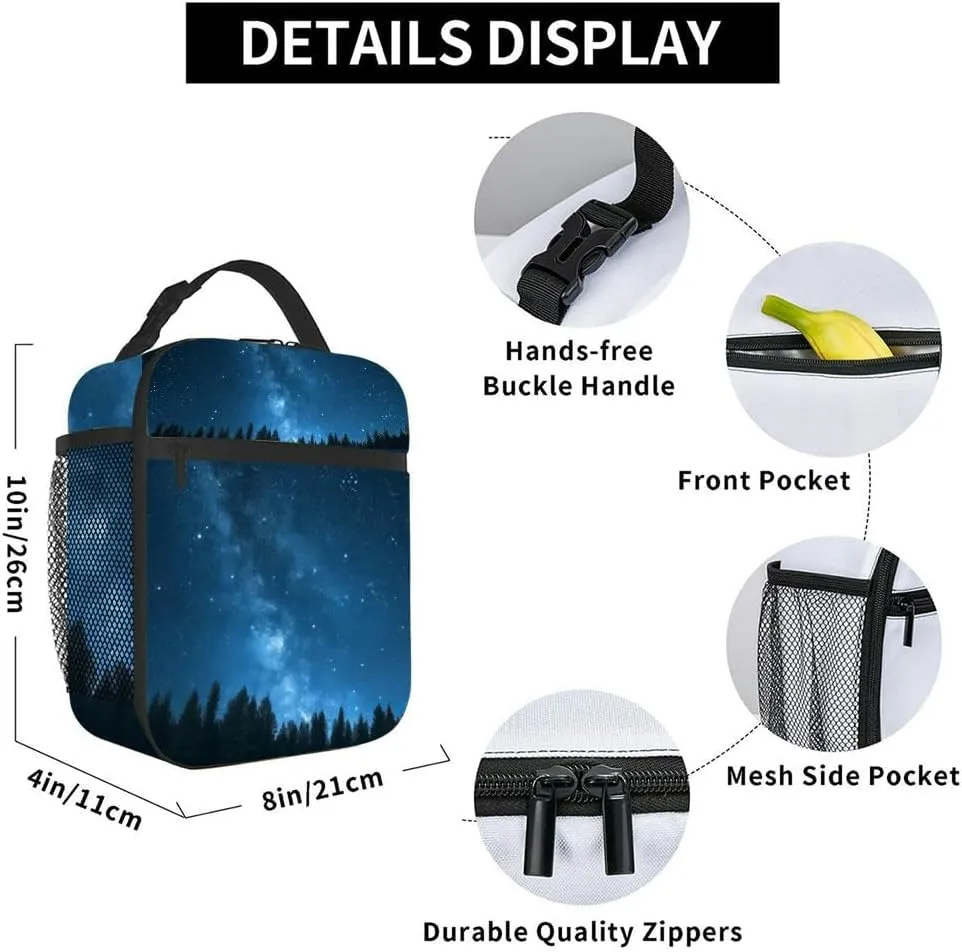 Blue dark night sky many stars above field trees Yellowstone park Insulated Iunch Bag for Men Woman Large Portable Waterproof Reusable Thermal Lunch Box with Pockets for Work Travel Picnic