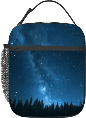 Blue dark night sky many stars above field trees Yellowstone park Insulated Iunch Bag for Men Woman Large Portable Waterproof Reusable Thermal Lunch Box with Pockets for Work Travel Picnic