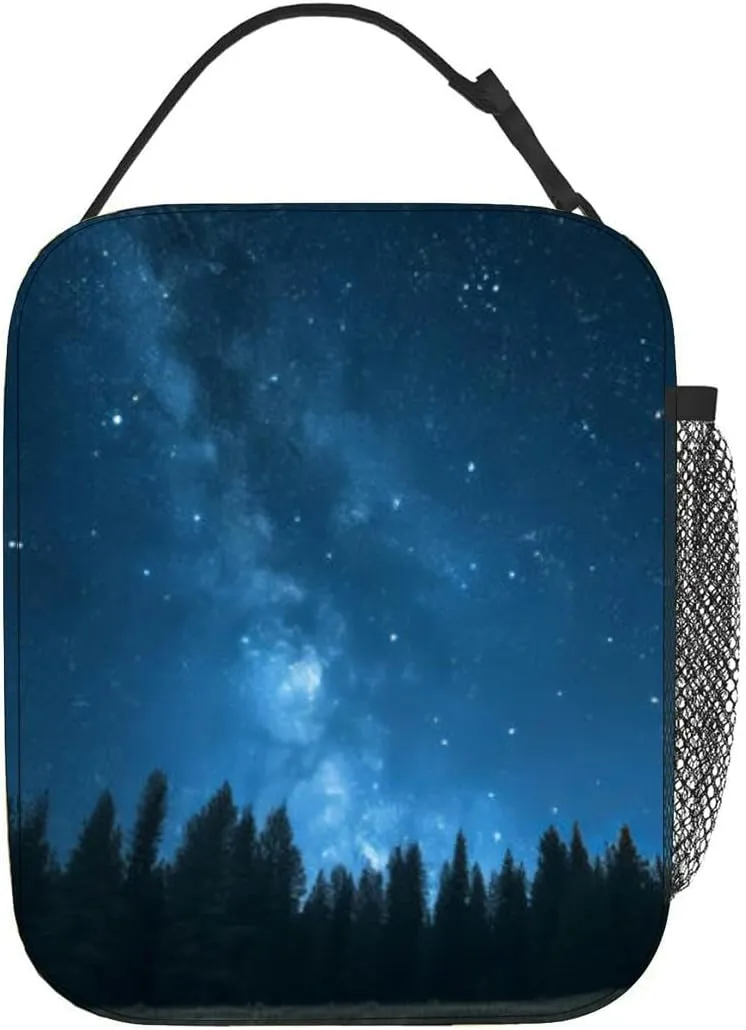 Blue dark night sky many stars above field trees Yellowstone park Insulated Iunch Bag for Men Woman Large Portable Waterproof Reusable Thermal Lunch Box with Pockets for Work Travel Picnic