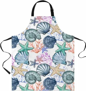 Blue Seashell Waterproof Apron With Pockets, Coastal Coral Starfish Nautical Beach Kitchen Chefs Bib Cooking BBQ Grill Bake Adjustable Aprons for Women/Kids Home Garden Grooming Painting Gardening