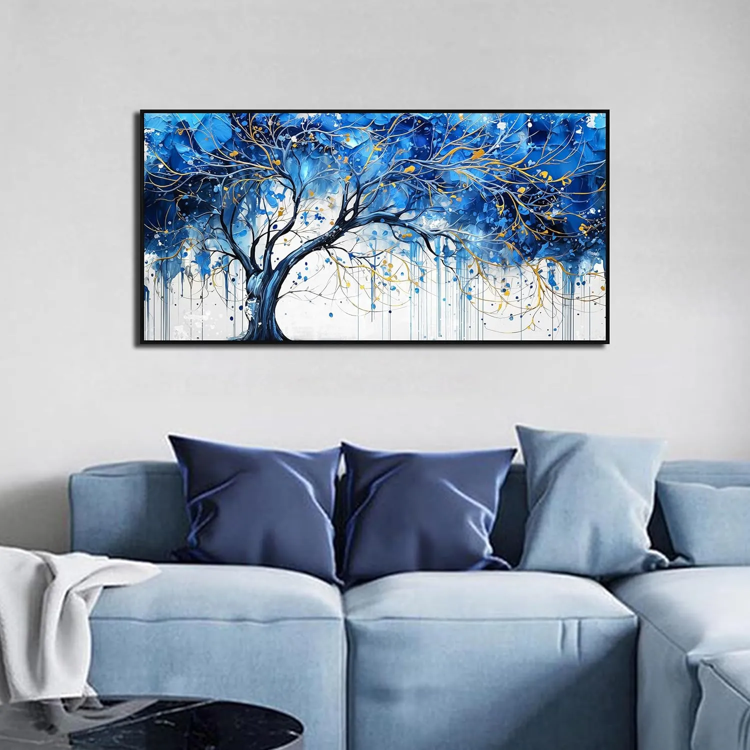 Blue Tree Wall Art for Bedroom - Modern Art Work for Wall Decor Living Room - Black Framed Wall Art Size 20" x 40"