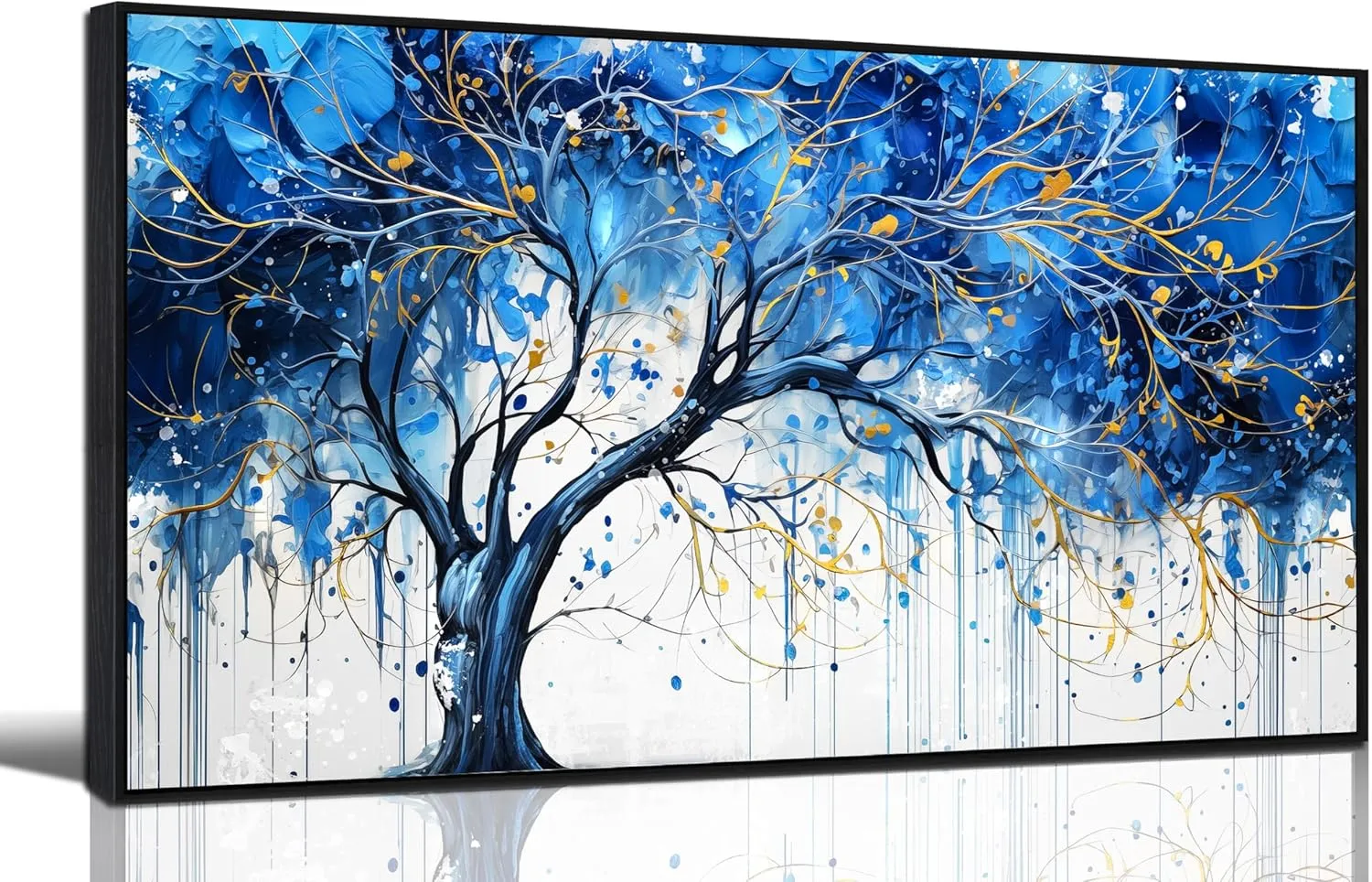 Blue Tree Wall Art for Bedroom - Modern Art Work for Wall Decor Living Room - Black Framed Wall Art Size 20" x 40"