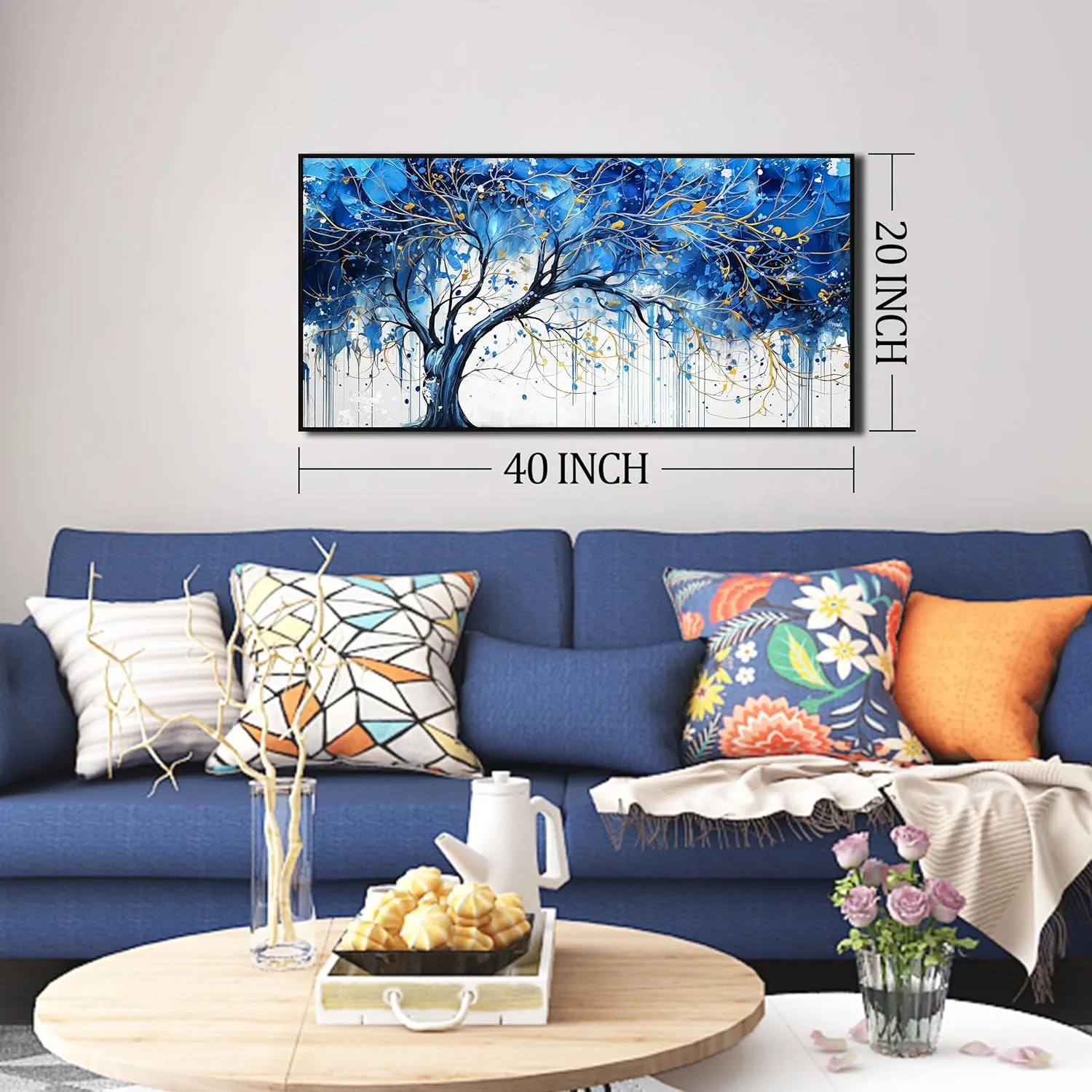 Blue Tree Wall Art for Bedroom - Modern Art Work for Wall Decor Living Room - Black Framed Wall Art Size 20" x 40"