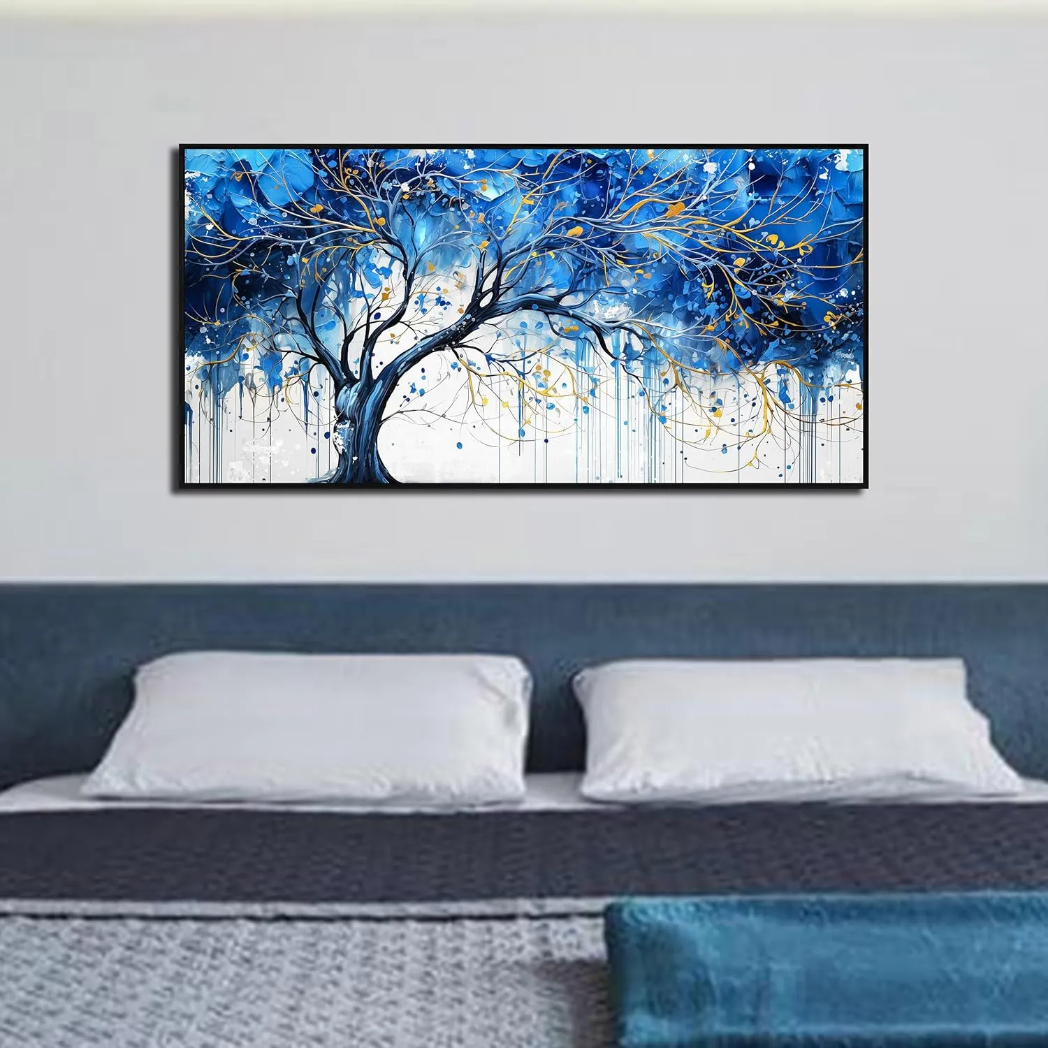Blue Tree Wall Art for Bedroom - Modern Art Work for Wall Decor Living Room - Black Framed Wall Art Size 20" x 40"