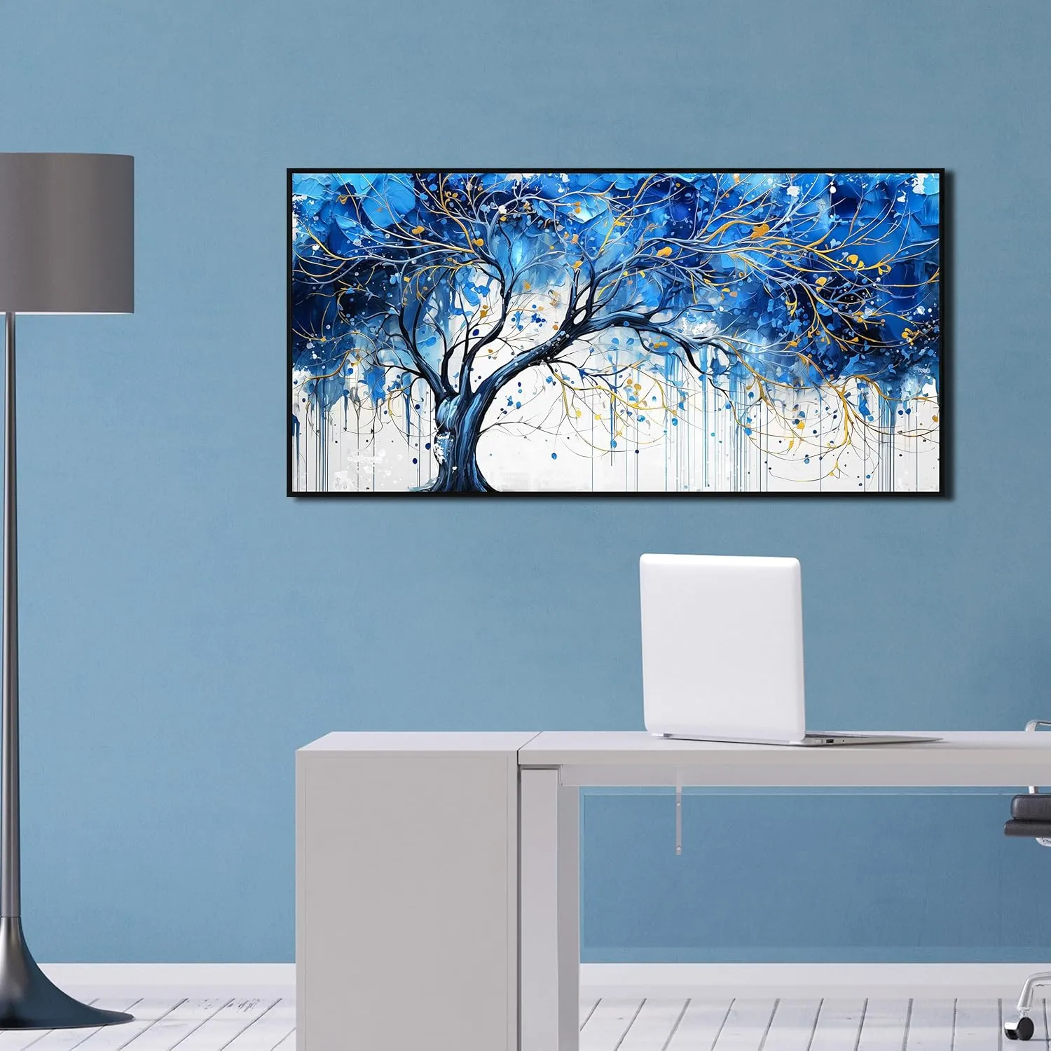 Blue Tree Wall Art for Bedroom - Modern Art Work for Wall Decor Living Room - Black Framed Wall Art Size 20" x 40"