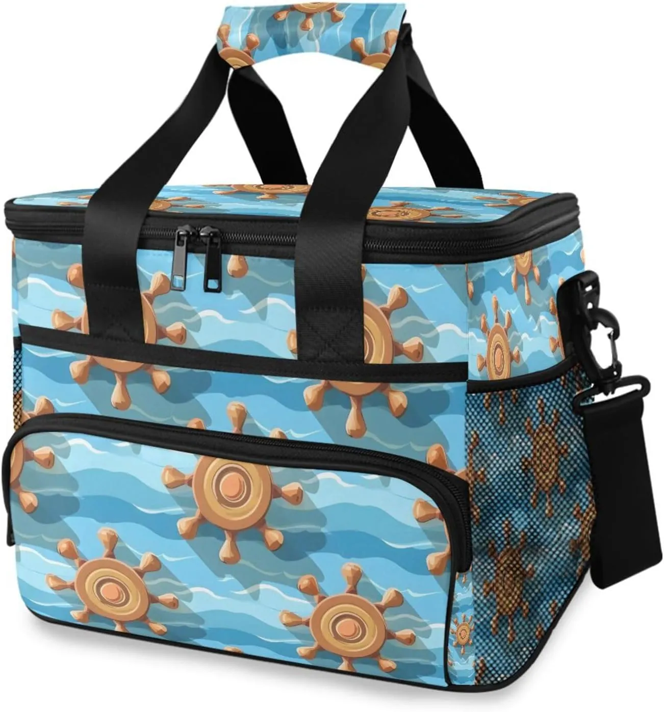 Blue Waves Anchor Ocean Map Cooler Bag Insulated Cooler Soft Sided Cooler 24 Can Portable Picnic Bag Large Leakproof Lunch Bag Box for Beach Grocery Camping Travel Car Men Women