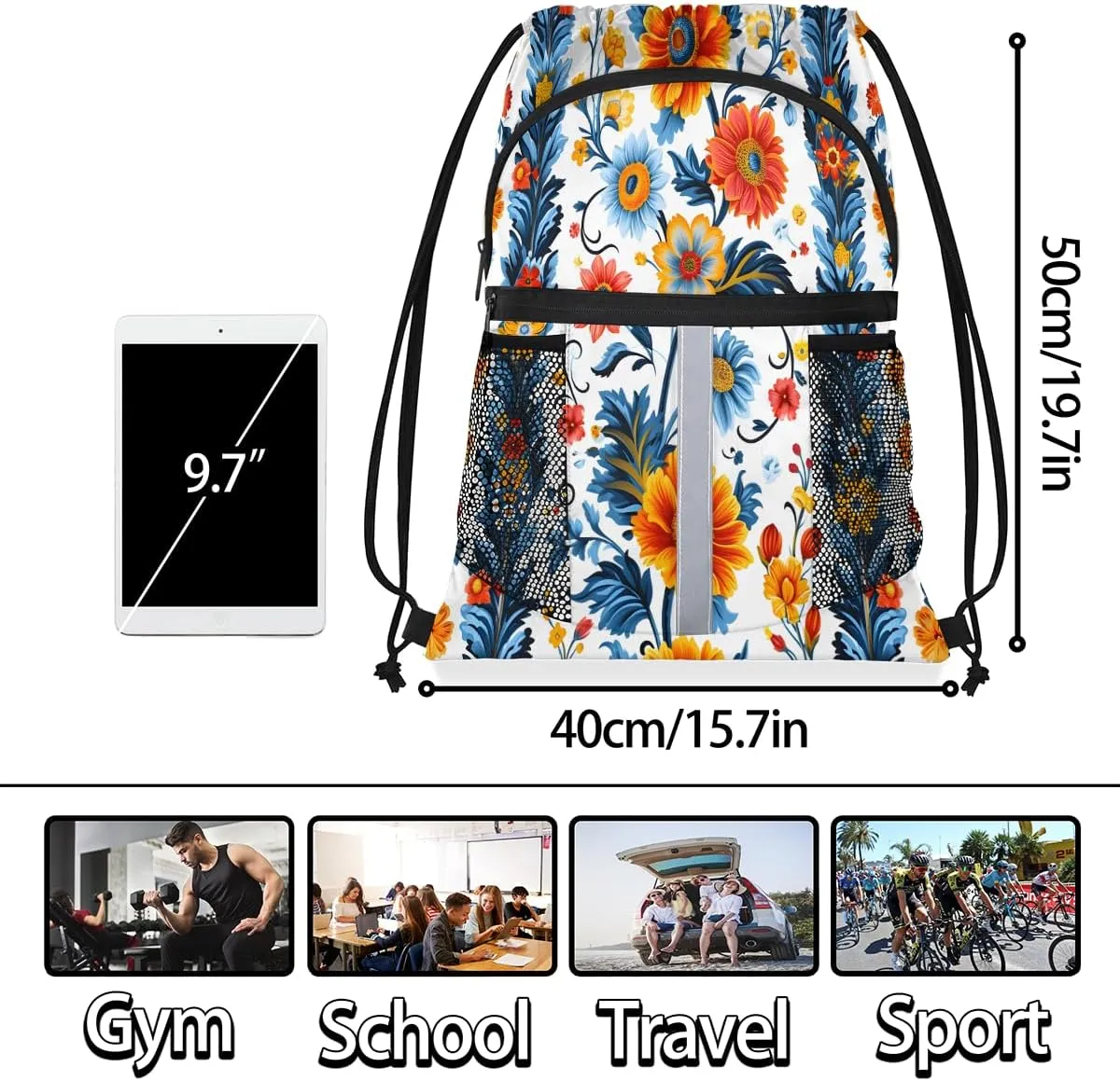 Boho Flower Drawstring Backpack with Water Bottle Pocket Lightweight String Bag Retro Ethnic Floral Sports Gym Swim Sackpack for Men Women
