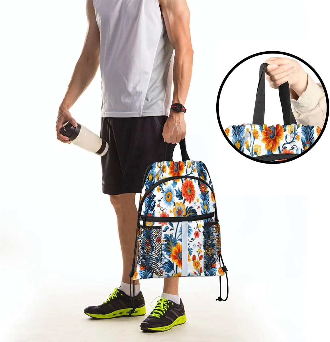 Boho Flower Drawstring Backpack with Water Bottle Pocket Lightweight String Bag Retro Ethnic Floral Sports Gym Swim Sackpack for Men Women