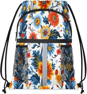 Boho Flower Drawstring Backpack with Water Bottle Pocket Lightweight String Bag Retro Ethnic Floral Sports Gym Swim Sackpack for Men Women