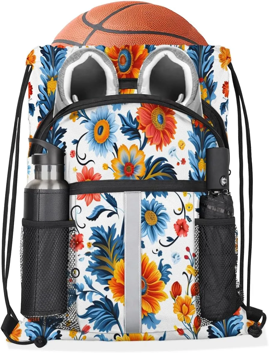 Boho Flower Drawstring Backpack with Water Bottle Pocket Lightweight String Bag Retro Ethnic Floral Sports Gym Swim Sackpack for Men Women