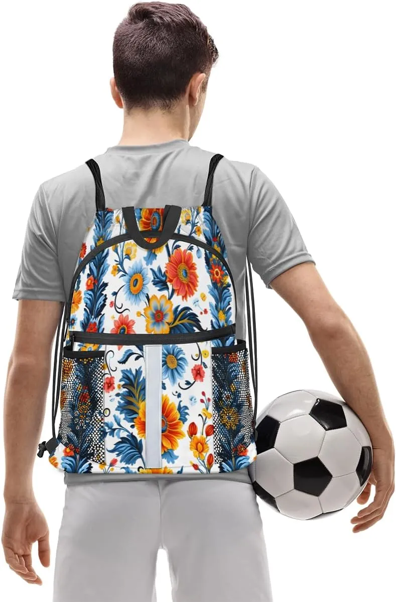 Boho Flower Drawstring Backpack with Water Bottle Pocket Lightweight String Bag Retro Ethnic Floral Sports Gym Swim Sackpack for Men Women