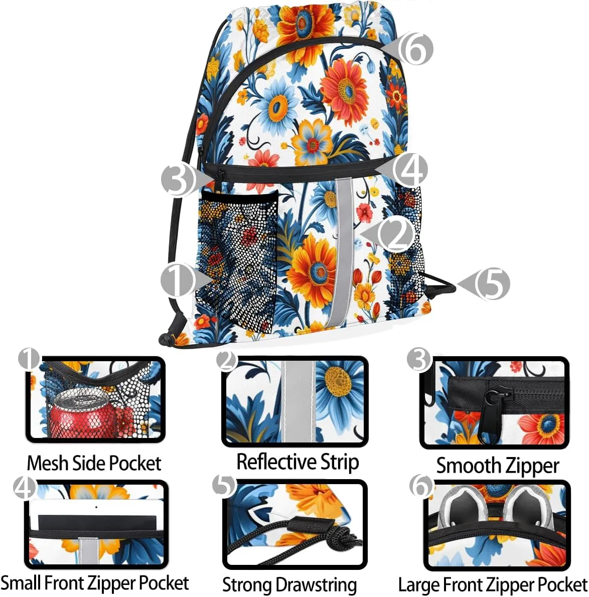 Boho Flower Drawstring Backpack with Water Bottle Pocket Lightweight String Bag Retro Ethnic Floral Sports Gym Swim Sackpack for Men Women