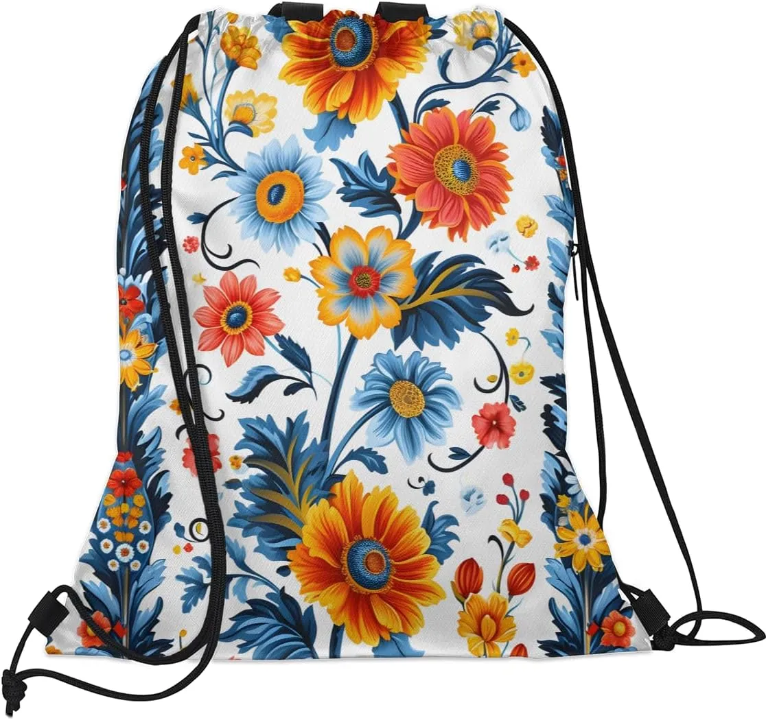 Boho Flower Drawstring Backpack with Water Bottle Pocket Lightweight String Bag Retro Ethnic Floral Sports Gym Swim Sackpack for Men Women