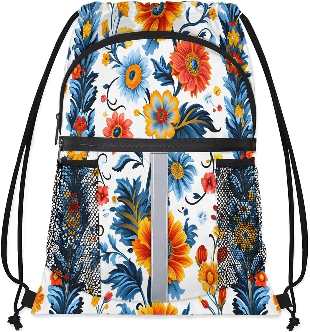 Boho Flower Drawstring Backpack with Water Bottle Pocket Lightweight String Bag Retro Ethnic Floral Sports Gym Swim Sackpack for Men Women