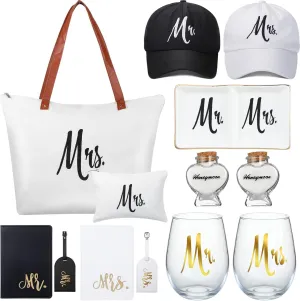 Bonuci 13 Pcs Wedding Mr and Mrs Gifts Set Include Bride and Groom Hats, Stemless Wine Glasses, Passport Holder Luggage Tags, Mrs Canvas Tote Bag with Makeup Bag, Ring Dish Heart Shape Glass Jar Gifts