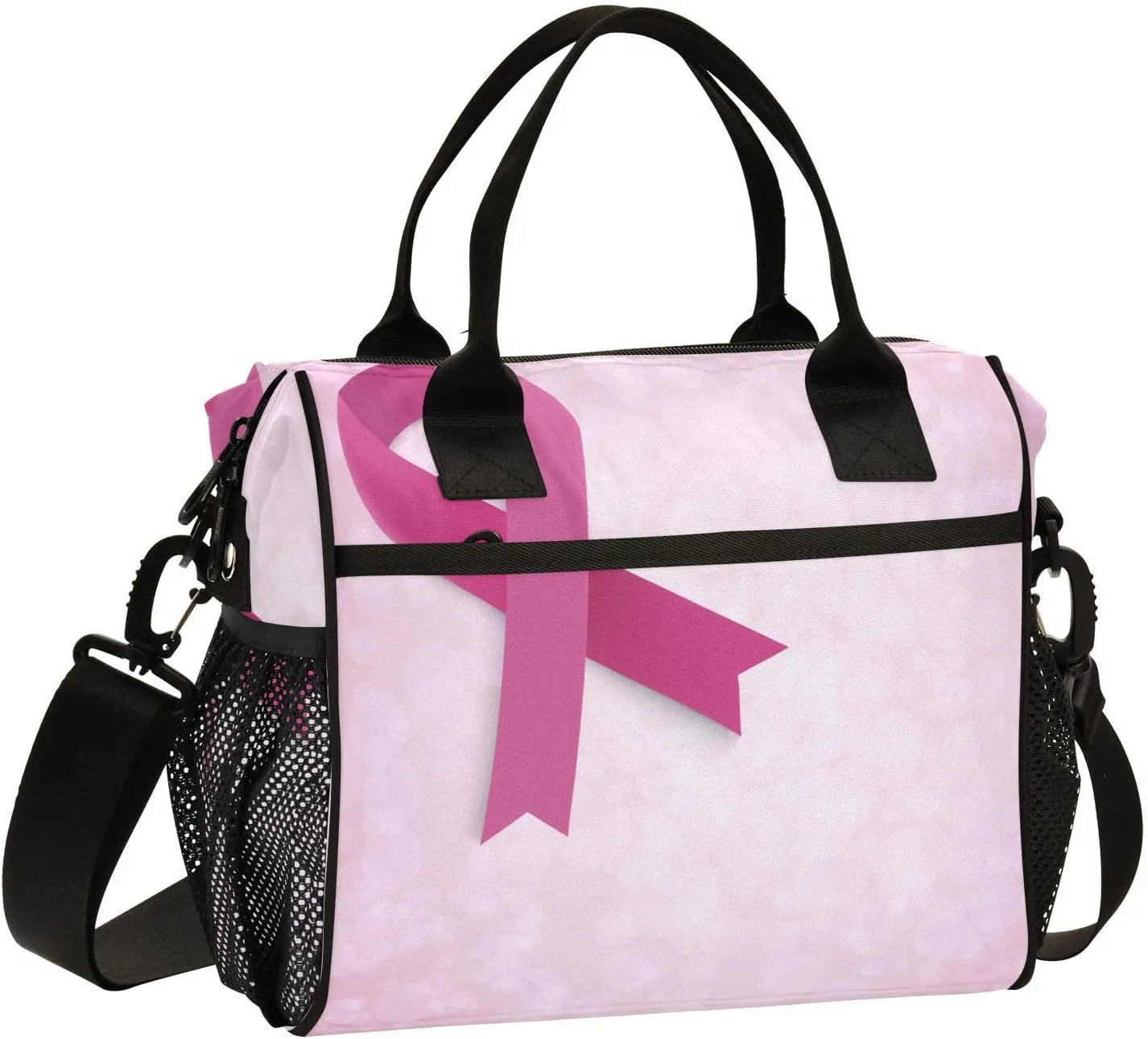Breast Cancer Pink Ribbon Lunch Bag Reusable Lunch Box for Office Picnic Beach Hiking, Insulated Cooler Tote Food Container with Adjustable Shoulder Strap for Men Women Adults